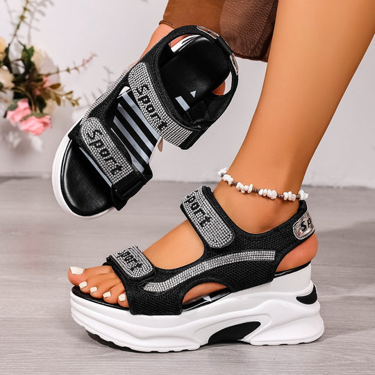 Damen Plateau-Sandalen mit verstellbaren Riemen und modischem Glitzer-Design EB