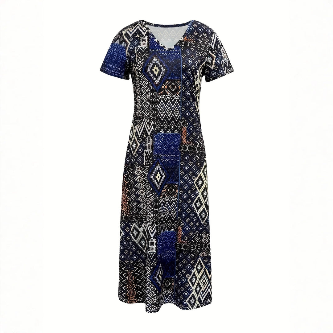 Damen Maxikleid mit geometrischem Muster und V-Ausschnitt EB