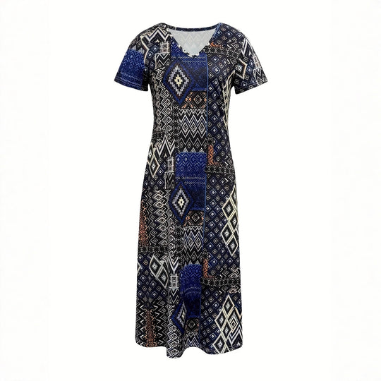 Damen Maxikleid mit geometrischem Muster und V-Ausschnitt EB