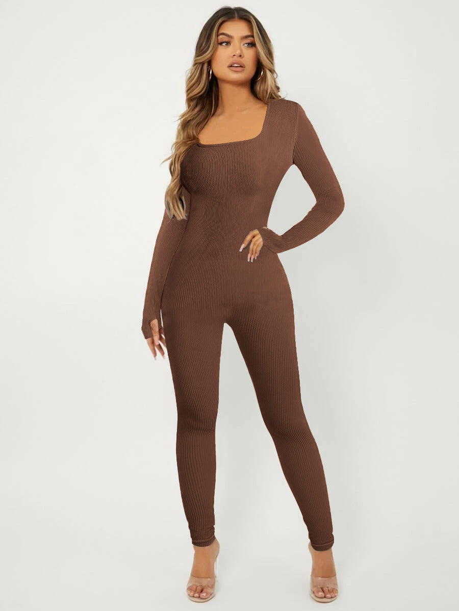 Damen Langarm Jumpsuit im eleganten Rippenmuster EB