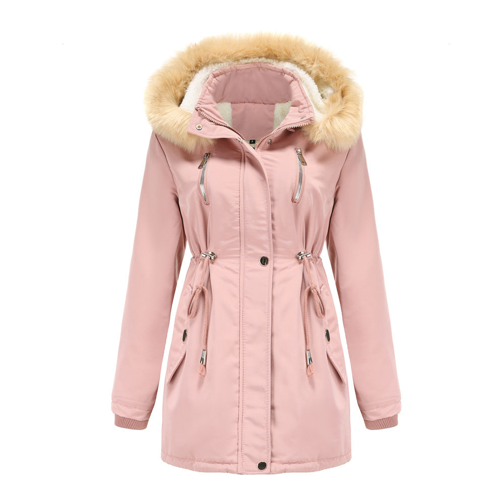 Damen modische Outdoor-Jacke mit abnehmbarem Kunstfellkragen und elastischem Taillenzug EB