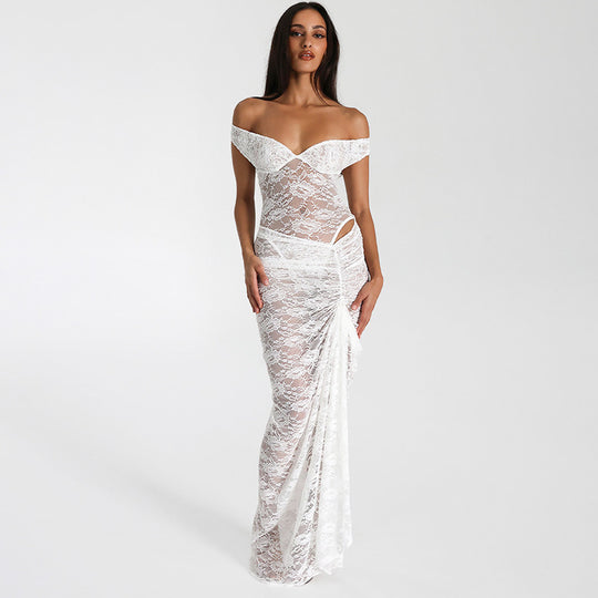 Damen Elegantes Spitzen-Maxi-Kleid mit schulterfreiem Design und Rüschendetails EB