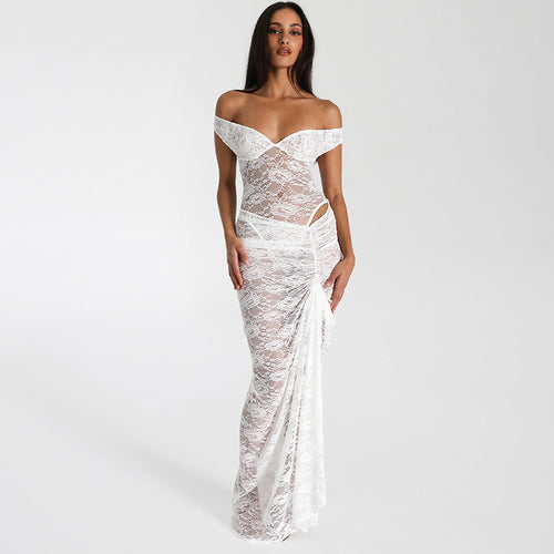 Damen Elegantes Spitzen-Maxi-Kleid mit schulterfreiem Design und Rüschendetails EB
