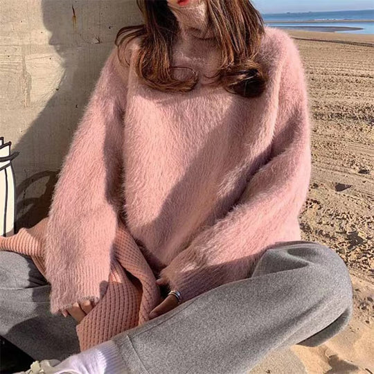 Damen Flauschiger Pullover mit Lockere Passform und Hohem Kragen EB