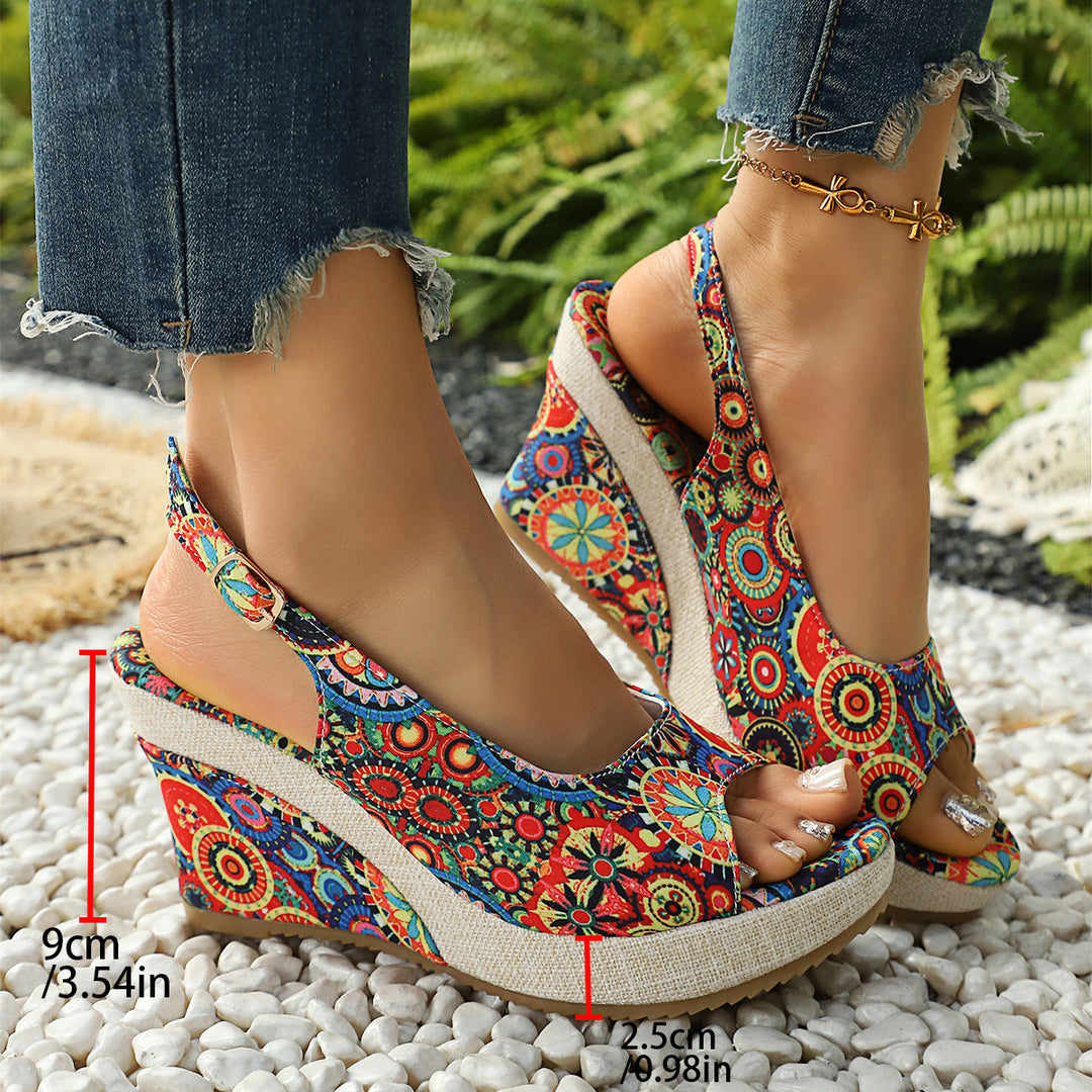Damen Wedge-Sandalen mit buntem Motiv und komfortablem Absatz EB
