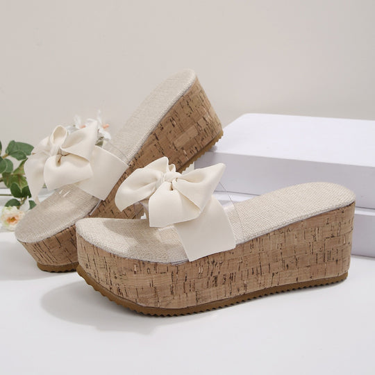 Damen Plateau-Pantoletten mit elegantem Schleifen-Design und komfortabler Korksohle EB