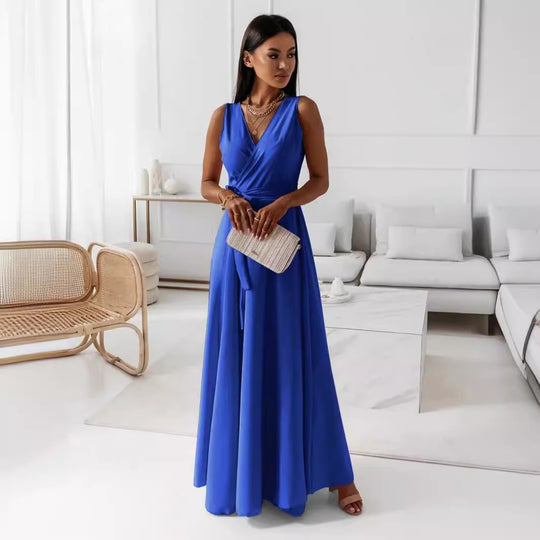 Damen Wickel-Maxikleid mit tiefem V-Ausschnitt und fließendem Schnitt EB