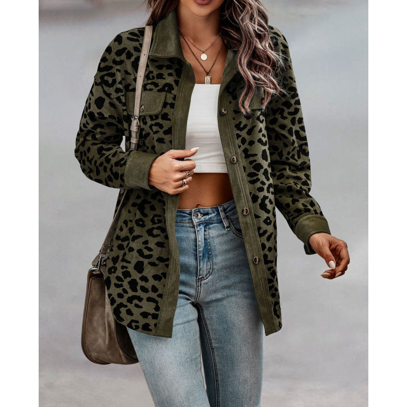 Damen tierisches Print-Langarm-Hemdjacke mit aufgesetzten Taschen EB