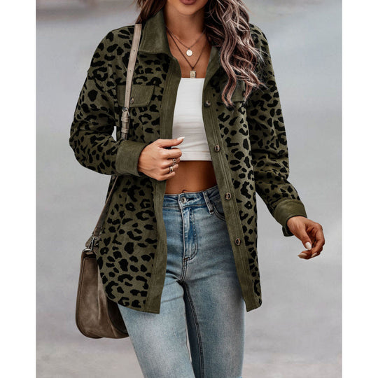 Damen tierisches Print-Langarm-Hemdjacke mit aufgesetzten Taschen EB