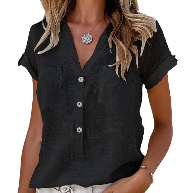 Damen Kurzarm Leinenbluse mit Knopfdetails EB