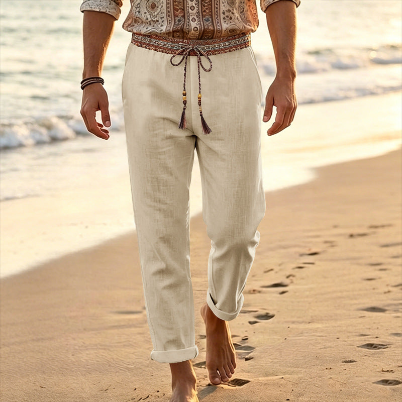 Herren nan maritime Leinen-Loungehose mit dekorativem Ethno-Bund, elastischem Tunnelzug und geradem Bein EB