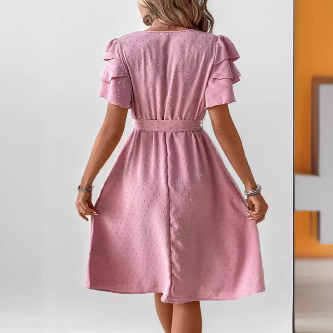 Damen Midi-Kleid mit schickem V-Ausschnitt und voluminösen Rüschensäumen EB