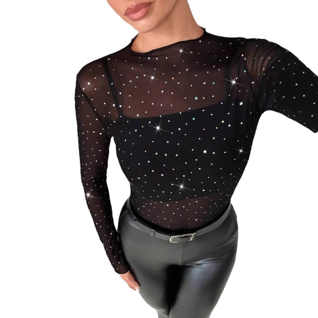 Damen nan transparentes Langarm-Netzshirt mit Strassapplikationen und integriertem Untertop EB