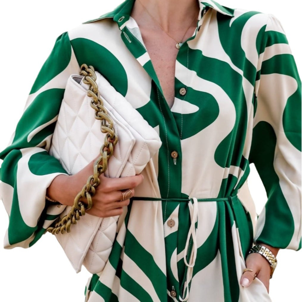 Damen Langarm Kleid mit raffiniertem Schnitt und modernem Grafikmuster EB