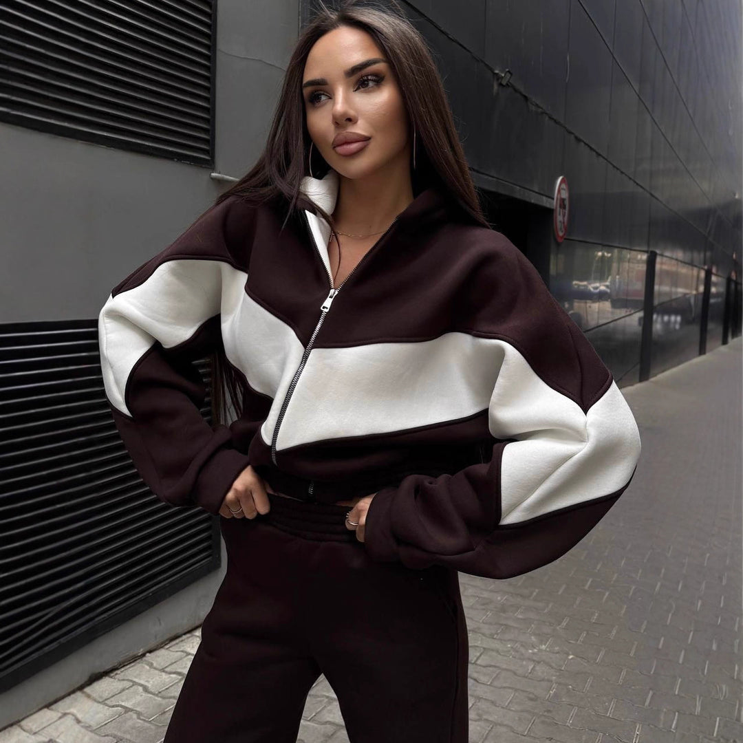 Damen Athleisure-Zweiteiler aus schwerem Neopren-Fleece mit geometrischen Teilungsnähten und hoher Taille EB