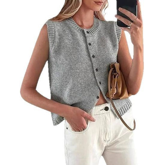 Damen lässige Strickweste mit Knopfleiste und Rundhalsausschnitt EB