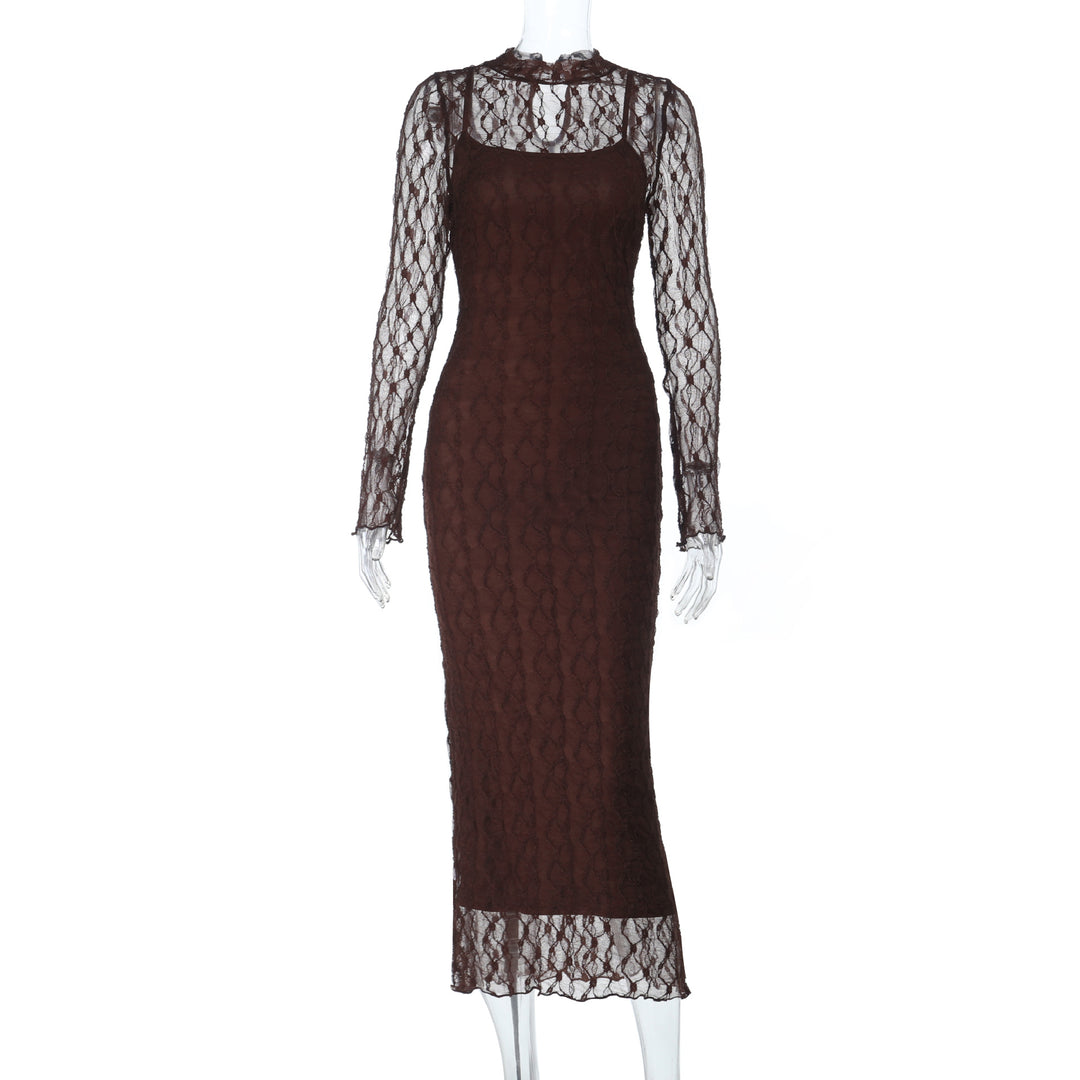 Damen Maxikleid aus transparenter Spitze mit eleganten Rüschendetails EB