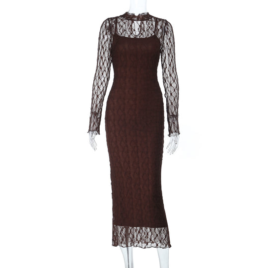 Damen Maxikleid aus transparenter Spitze mit eleganten Rüschendetails EB