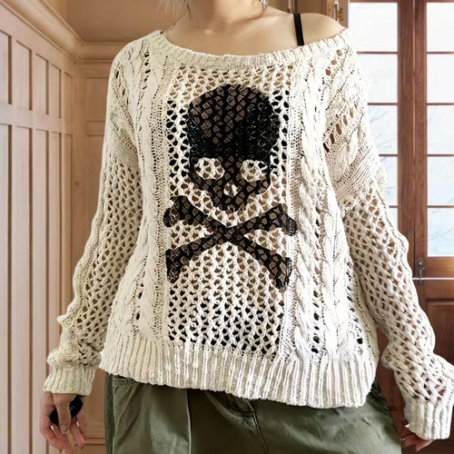 Damen Oversized Strickpullover mit kreativem Lochmuster und Anker-Design EB