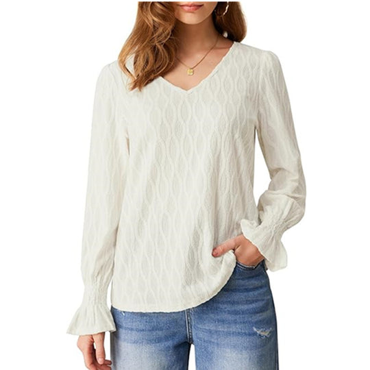 Damen modische V-Ausschnitt Bluse mit raffinierten Rüschendetails EB