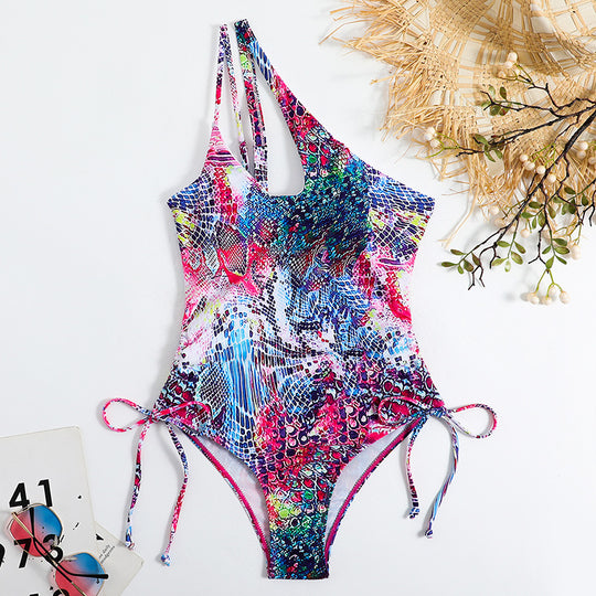 Damen Einteiliger Badeanzug mit aufregendem Schnürdesign und buntem Muster EB