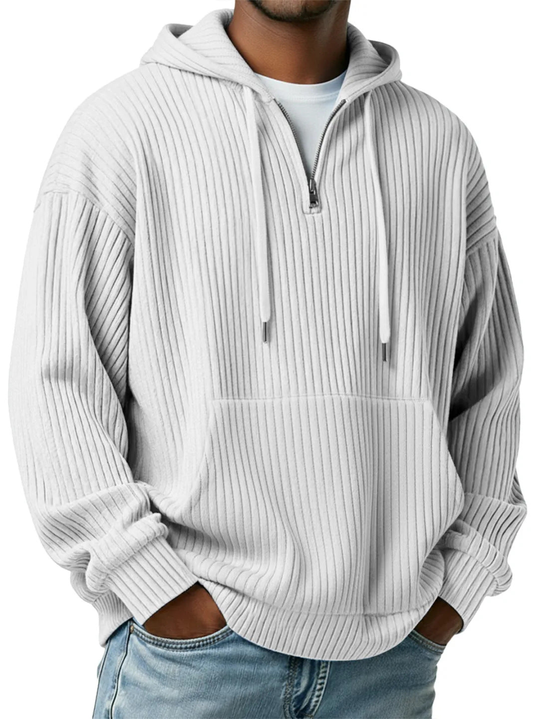 Herren nan gerippter Halfzip-Hoodie mit Kapuze, Kängurutasche und oversized Casual-Schnitt EB