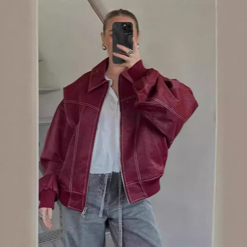 Damen Modische Kunstlederjacke mit oversized Schnitt EB