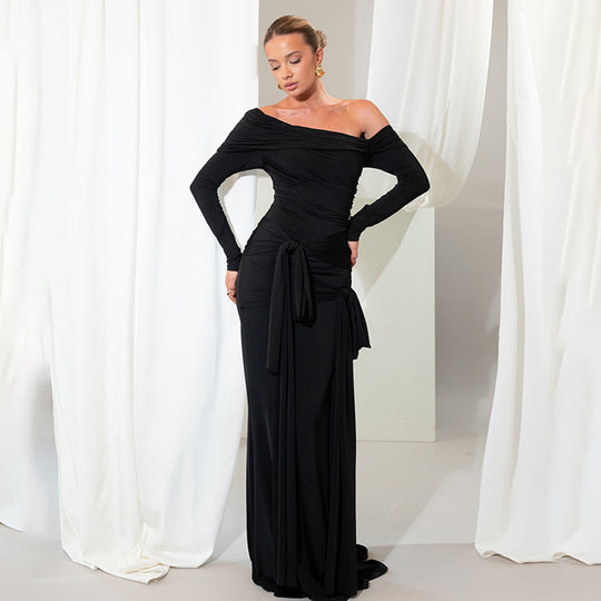 Damen Elegantes Maxikleid mit Rüschendetails und Off-Shoulder-Ausschnitt EB