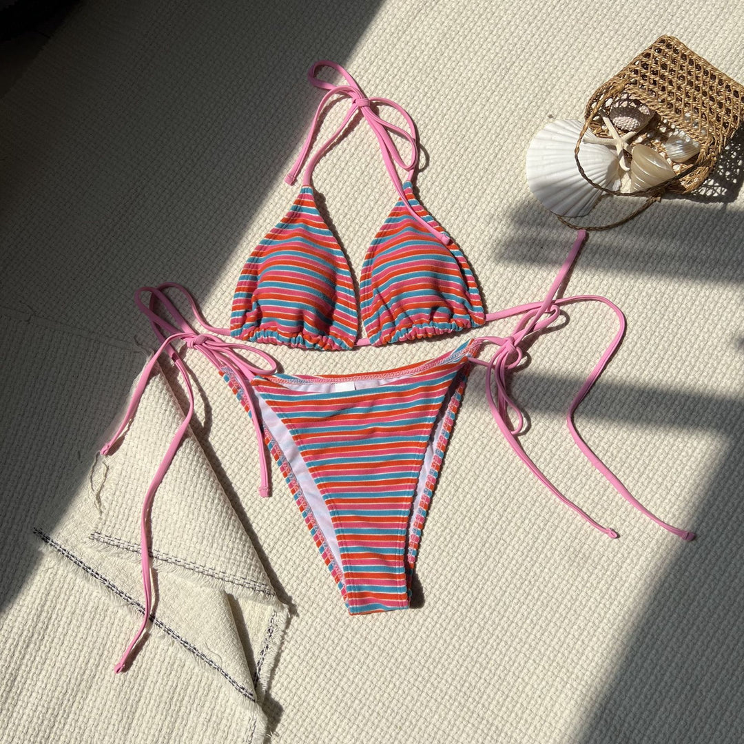 Damen Triangel-Bikini mit verstellbaren Bändern und buntem Streifenmuster EB