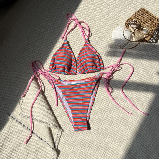 Damen Triangel-Bikini mit verstellbaren Bändern und buntem Streifenmuster EB