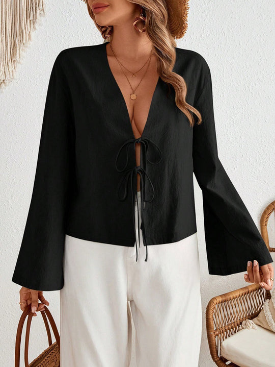 Damen lässige Shirtjacke mit tiefer V-Ausschnitt und Schleifenverschluss EB