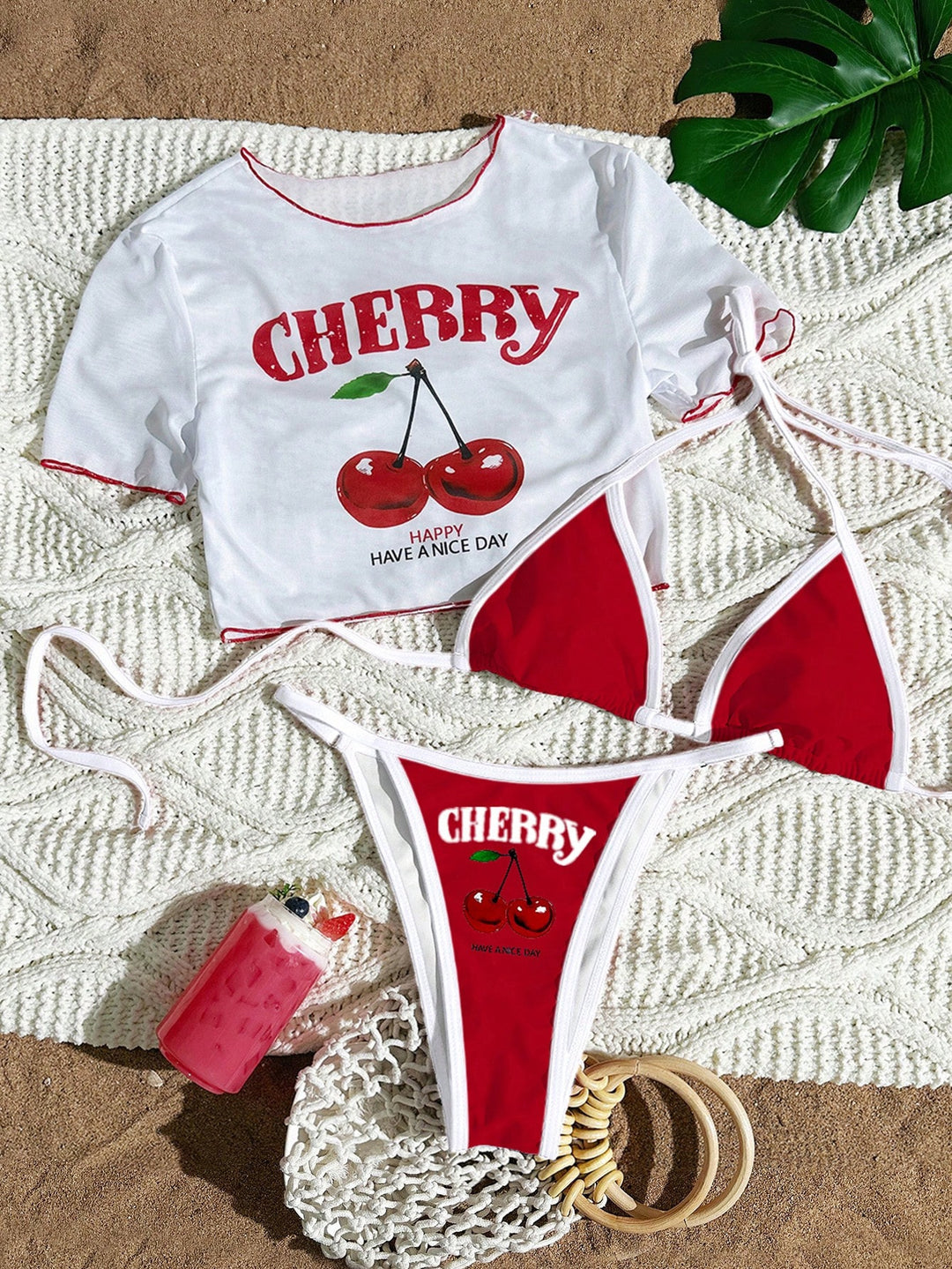 Damen Bikini-Set mit trendigem Kirschmotiv und lässigem Crop-Top EB