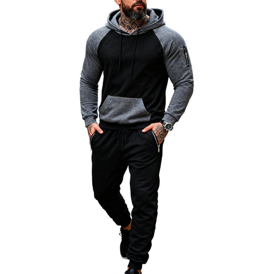 Herren nan zweiteiliges Kapuzen-Sweatset mit Raglanärmeln, Ärmel-Zip-Tasche und tapered Jogginghose EB
