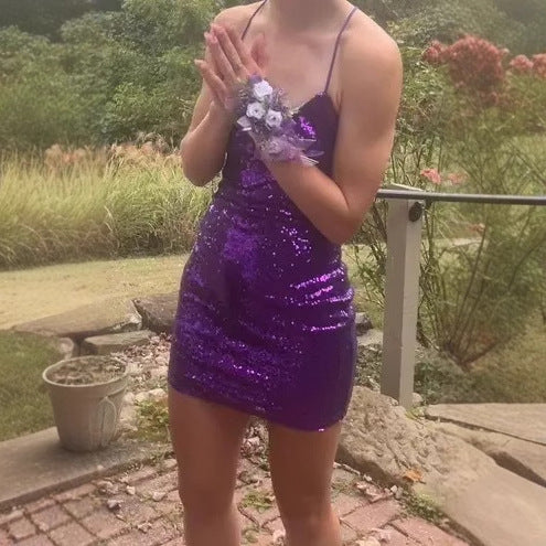 Damen Glitzerndes Minikleid mit tiefem V-Ausschnitt und Spaghettiträgern EB