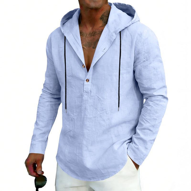Herren nan Leinen-Henley-Kapuzenhemd mit kurzer Knopfleiste, Kapuze und relaxtem Schnitt EB