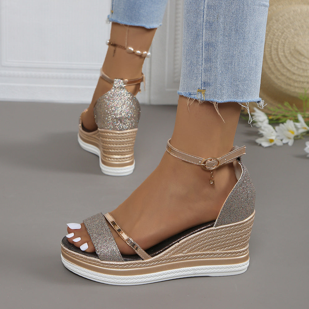 Damen Wedge-Sandalen mit funkelndem Obermaterial und elegantem Riemendesign EB