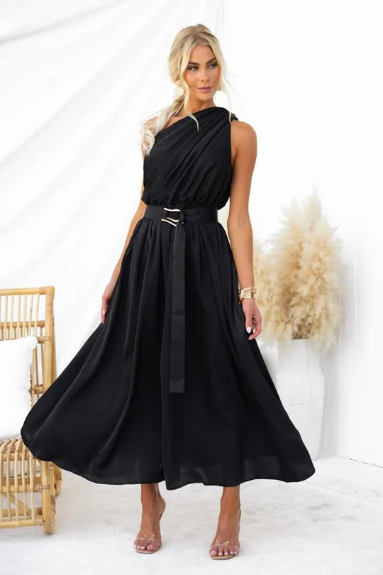 Damen Abendkleid mit asymmetrischem Trägerdesign und elegantem Taillengürtel EB