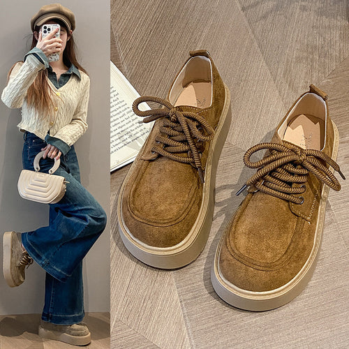 Damen modische Plateau-Schnürschuhe mit weichem Obermaterial und robustem Profil EB
