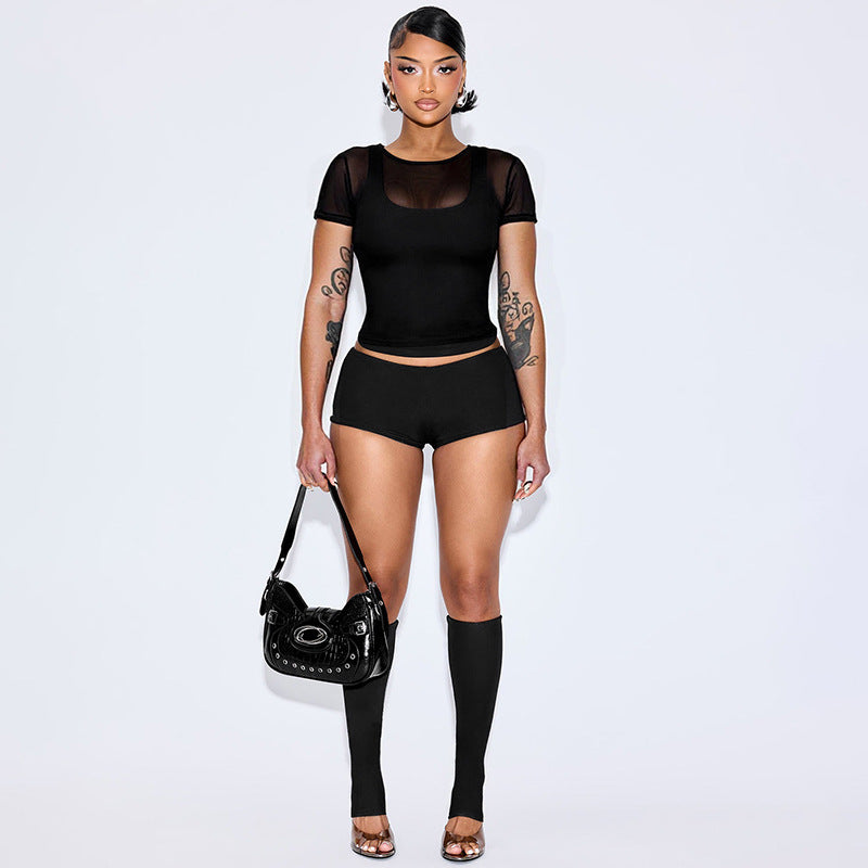 Damen Sportliches Oberteil und Shorts-Set mit transparenten Ärmeln EB