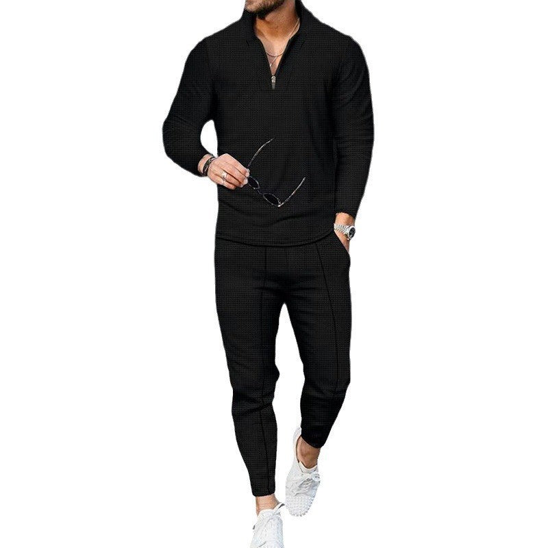 Herren nan modernes Freizeit-Set Halbzip-Henleypullover mit Raglanärmeln und tapered Bügelfalten-Jogginghose EB