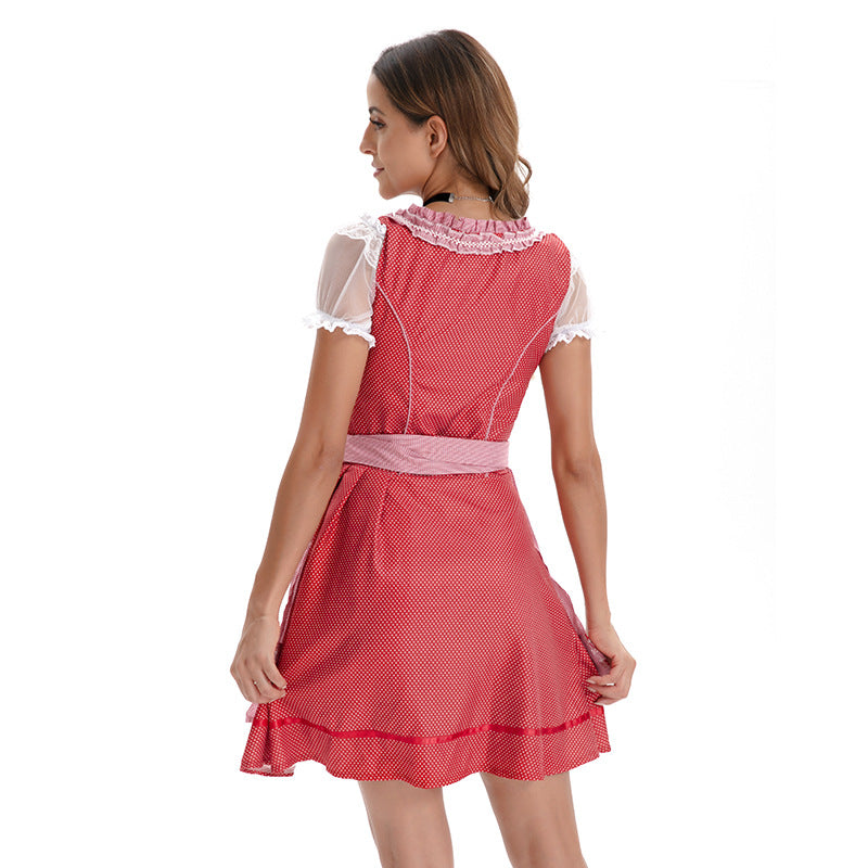 Damen nan kurzes traditionelles Dirndlkleid mit Korsett-Schnürung Spitzendetails und bindbarer Schürze EB