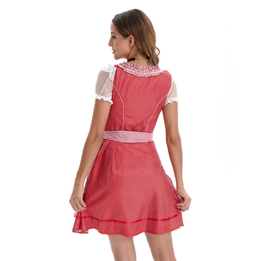Damen nan kurzes traditionelles Dirndlkleid mit Korsett-Schnürung Spitzendetails und bindbarer Schürze EB