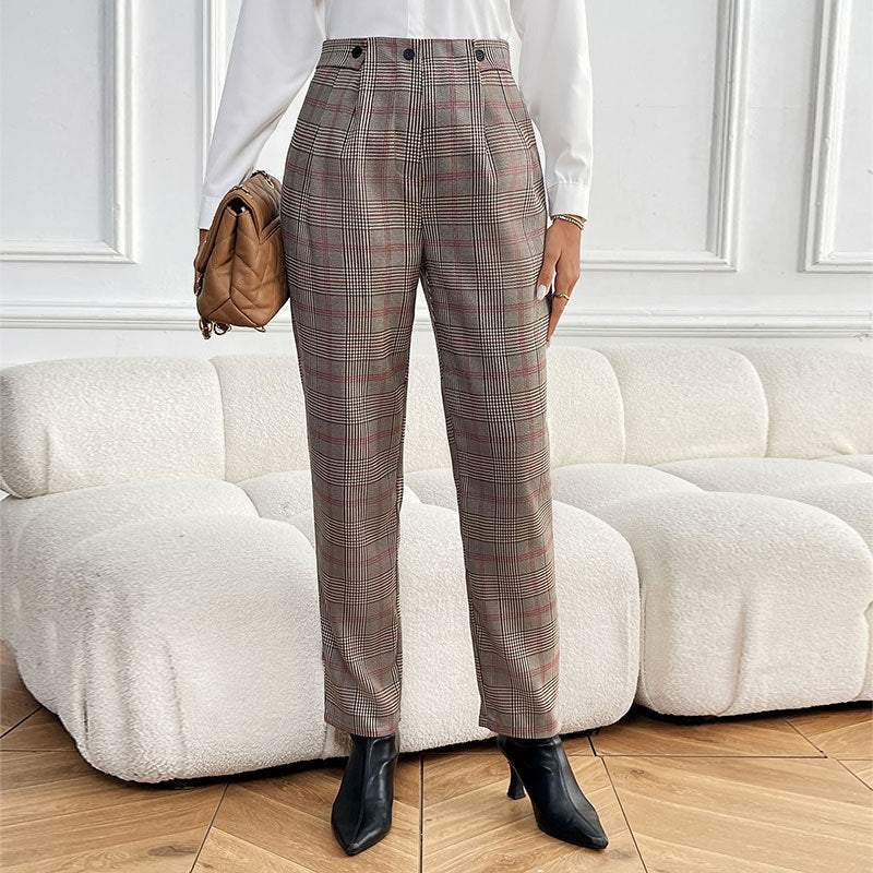 Damen Karottenhose mit hochgezogenem Bund und modischem Karo-Muster EB