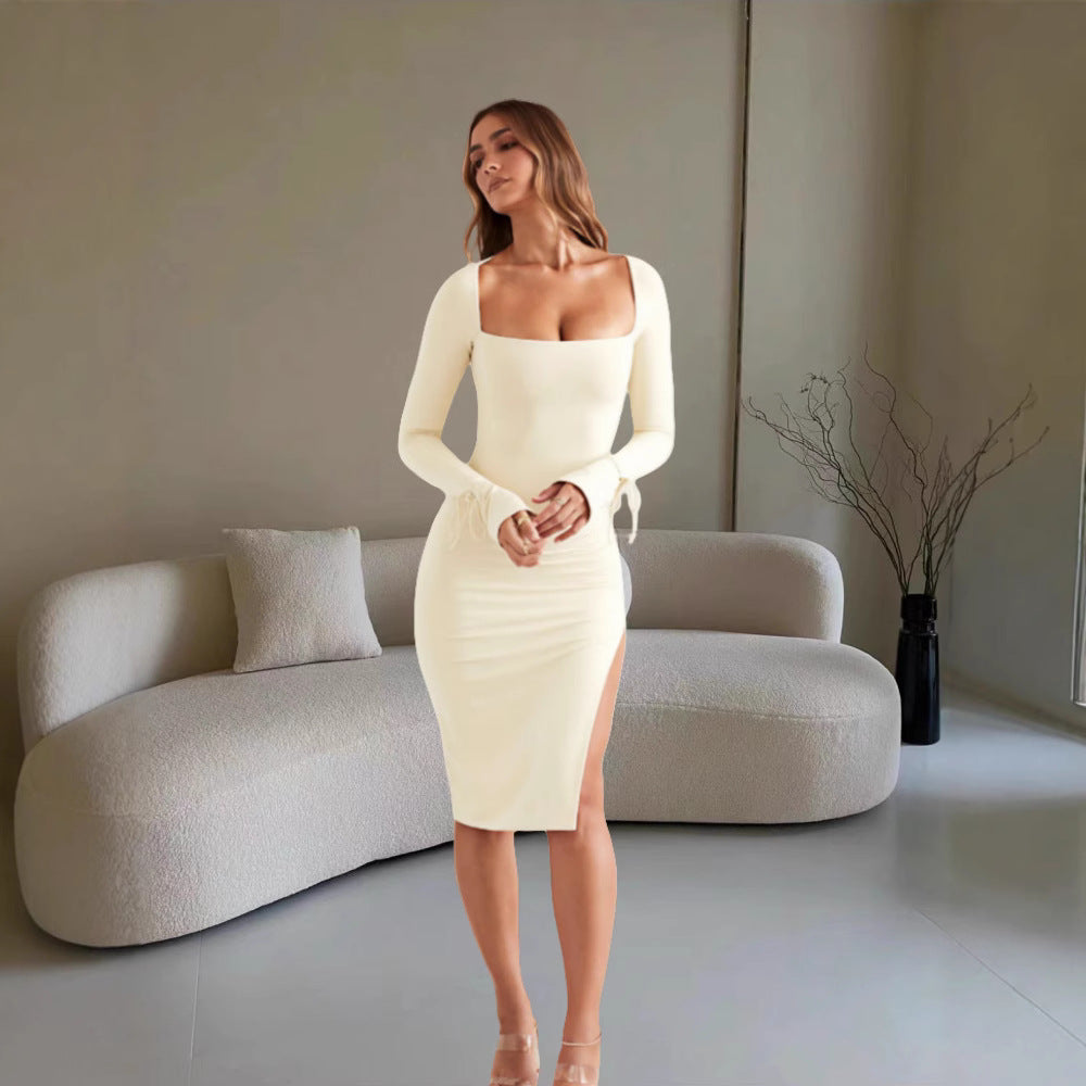Damen Elegantes Figurbetontes Midikleid mit tiefem Schlitz und langen Ärmeln EB