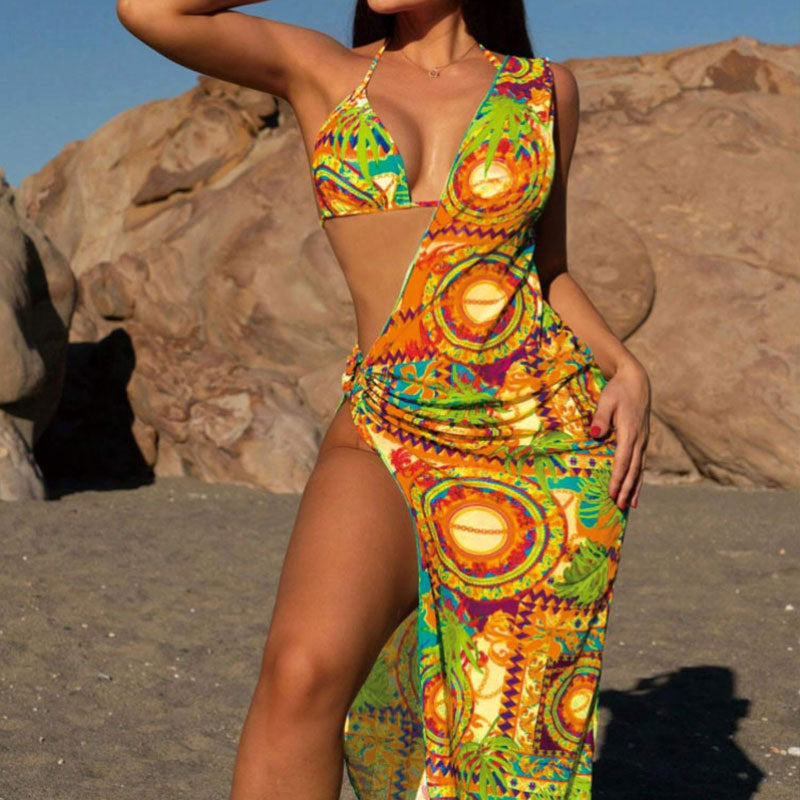 Damen Bikiniset mit farbenfrohem Maxi-Strandkleid EB