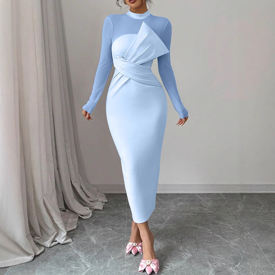 Damen Elegantes Langarm-Midi-Kleid mit raffinierter Drapierung und figurbetonter Silhouette EB