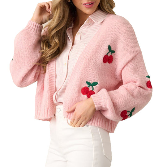 Damen kuschelige Strickjacke mit kirschmotivierten Applikationen EB