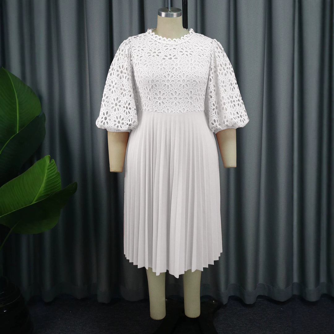 Damen elegantes Midikleid mit Spitzenoberteil und plissiertem Rock EB