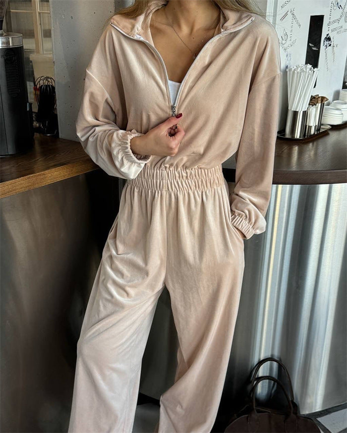 Damen Velours-Overall mit Reißverschluss, elastischem Taillenbund und weitem Palazzo-Bein EB
