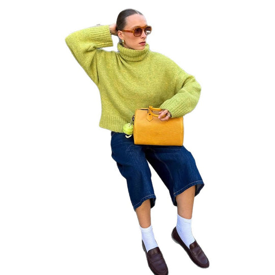 Damen gemütlicher Strickpullover mit hohem Kragen und überschnittenen Schultern EB